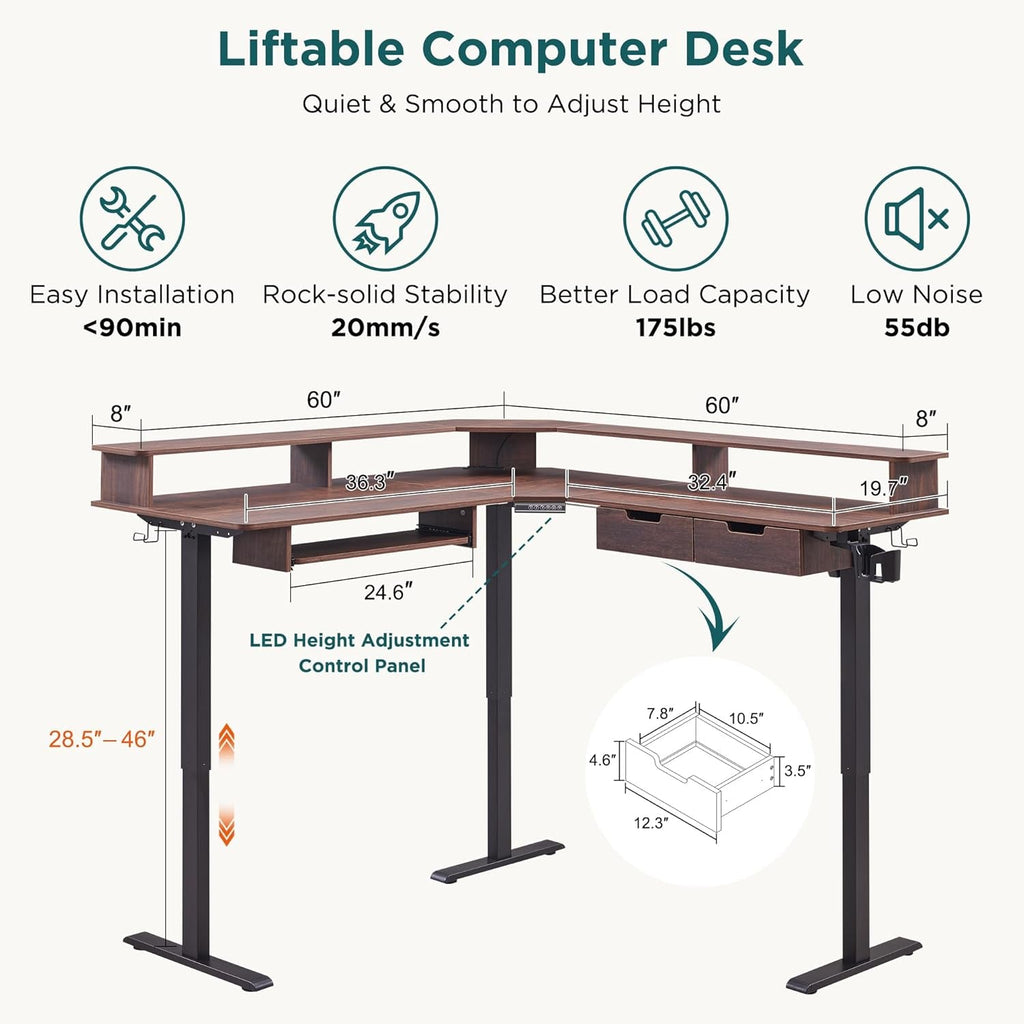 60 Inch Elevated Electric Standing Desk Dark Walnut