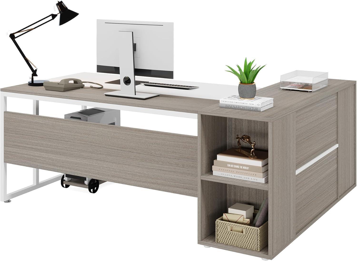 71 Inch Executive L Shaped Desk Cabinets Gray And White