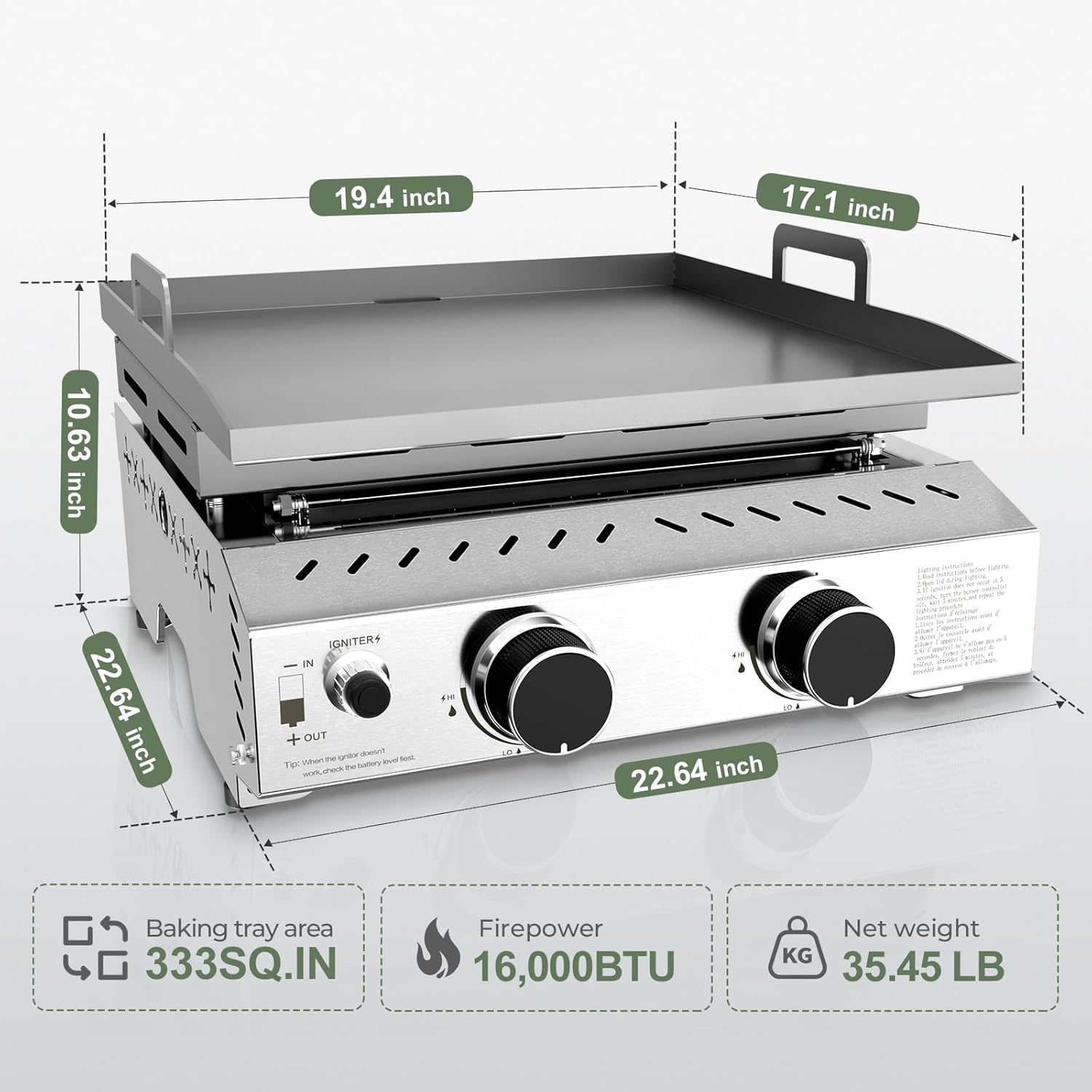 3 Burners Portable Propane Griddle，25 inch Stainless Steel Gas Grill，24,000 BTU Table Top Grill TG0130C