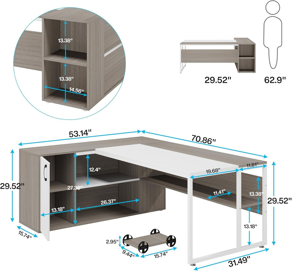 71 Inch Executive L Shaped Desk Cabinets Gray And White