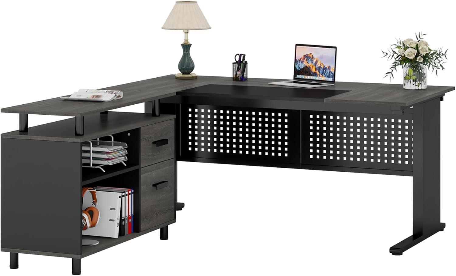 63 Inch Executive Desk With Integrated Cabinet Gray