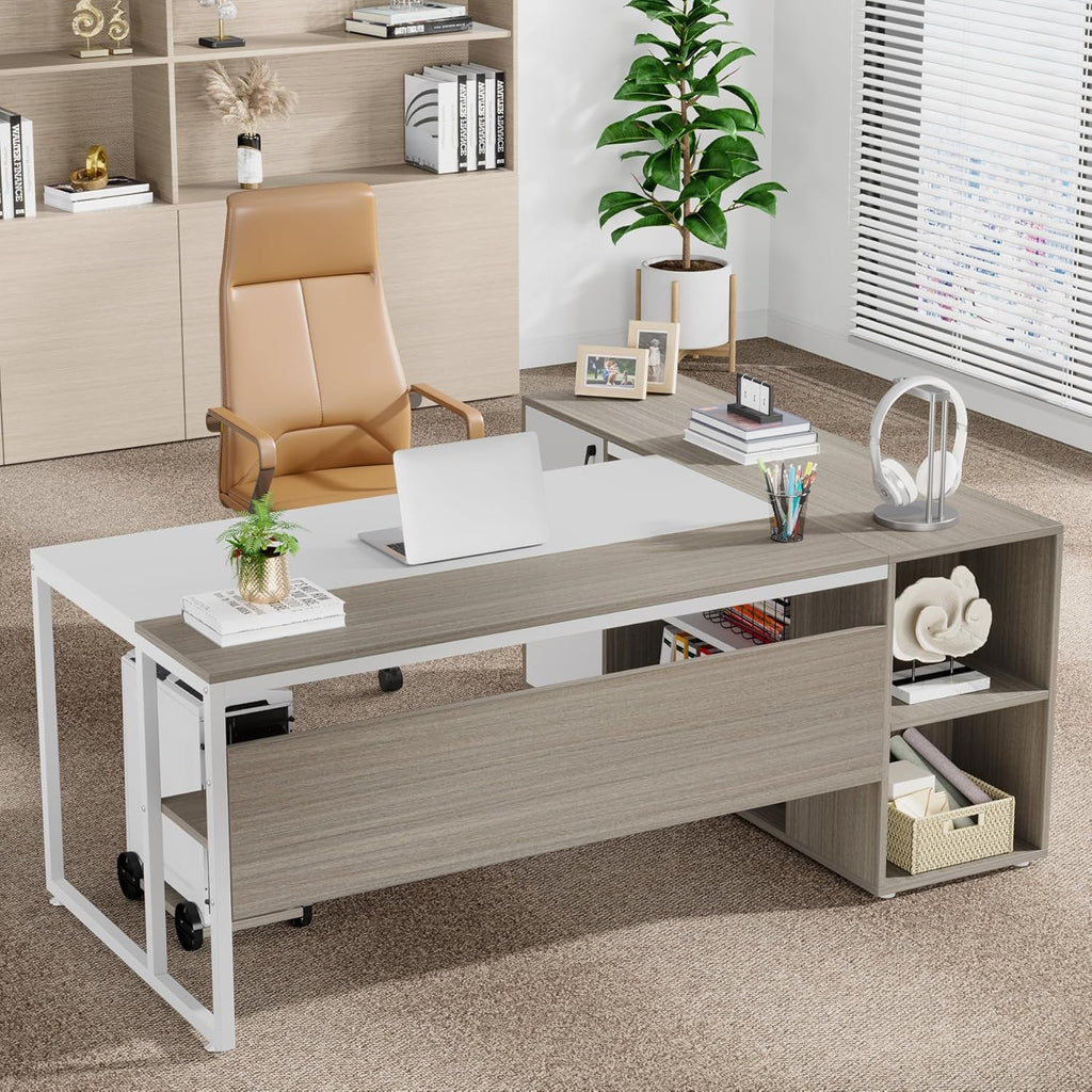 71 Inch Executive L Shaped Desk Cabinets Gray And White
