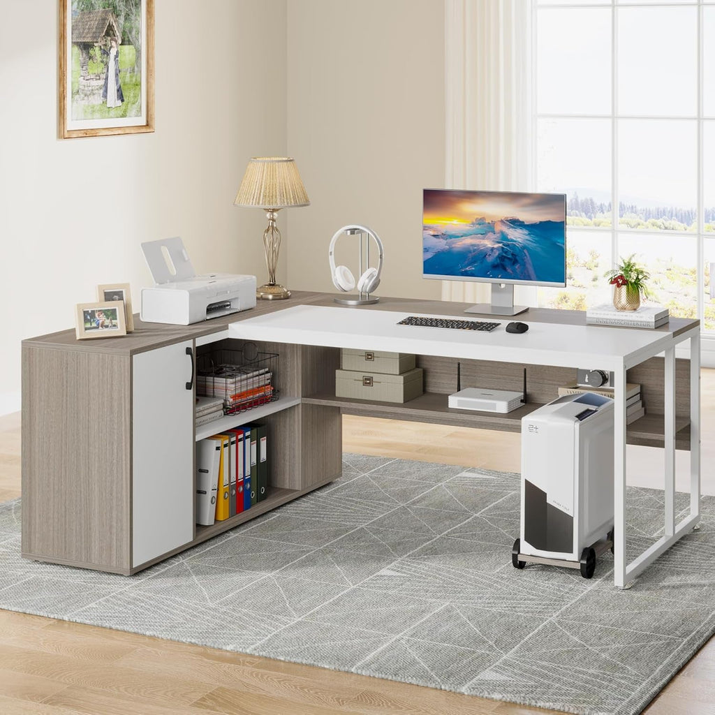 71 Inch Executive L Shaped Desk Cabinets Gray And White