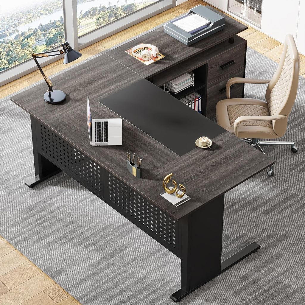 63 Inch Executive Desk With Integrated Cabinet Gray