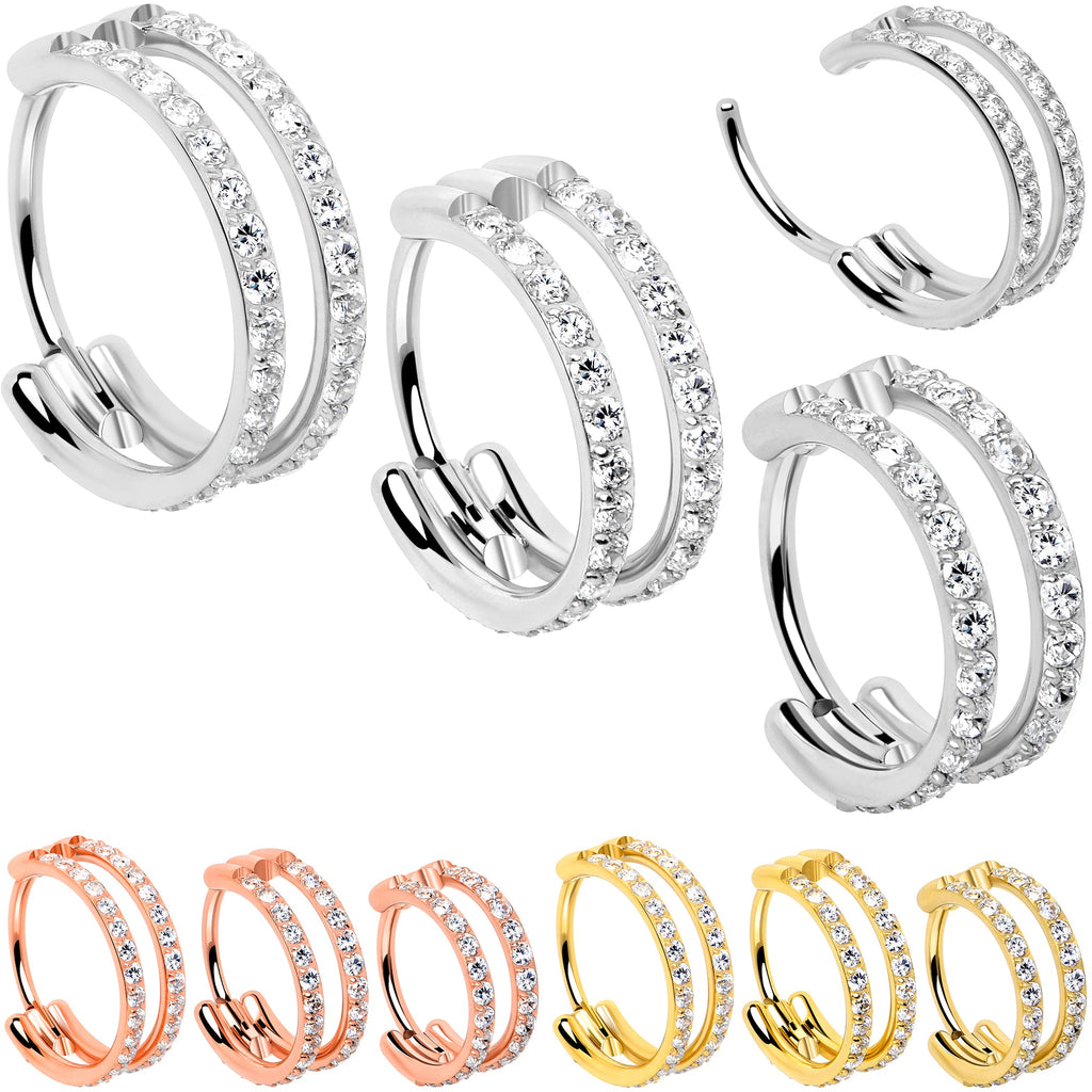 20G Double Row Micro Gem Implant Grade Titanium Hinged Double Hoop Nose Ring