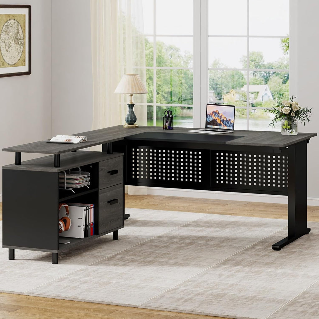 63 Inch Executive Desk With Integrated Cabinet Gray