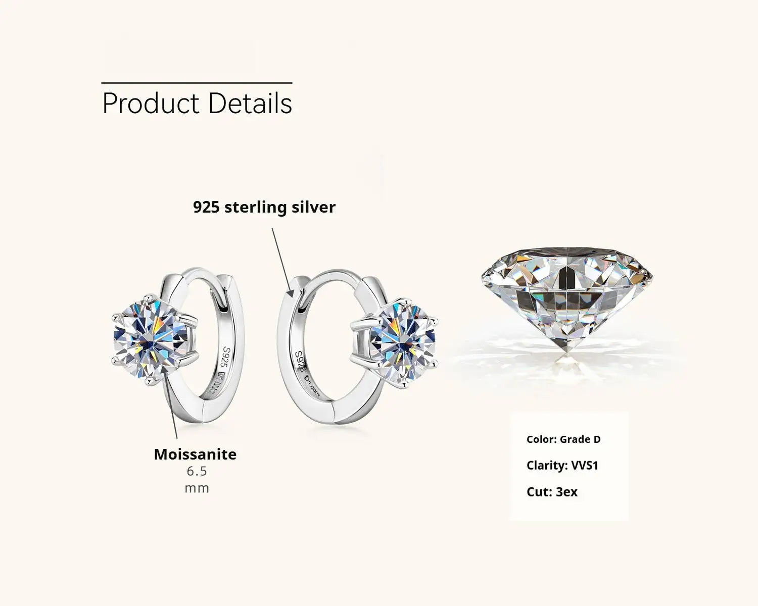 925 Sterling Silver Moissanite Clip-On Earrings Round Six-Prong White Gold