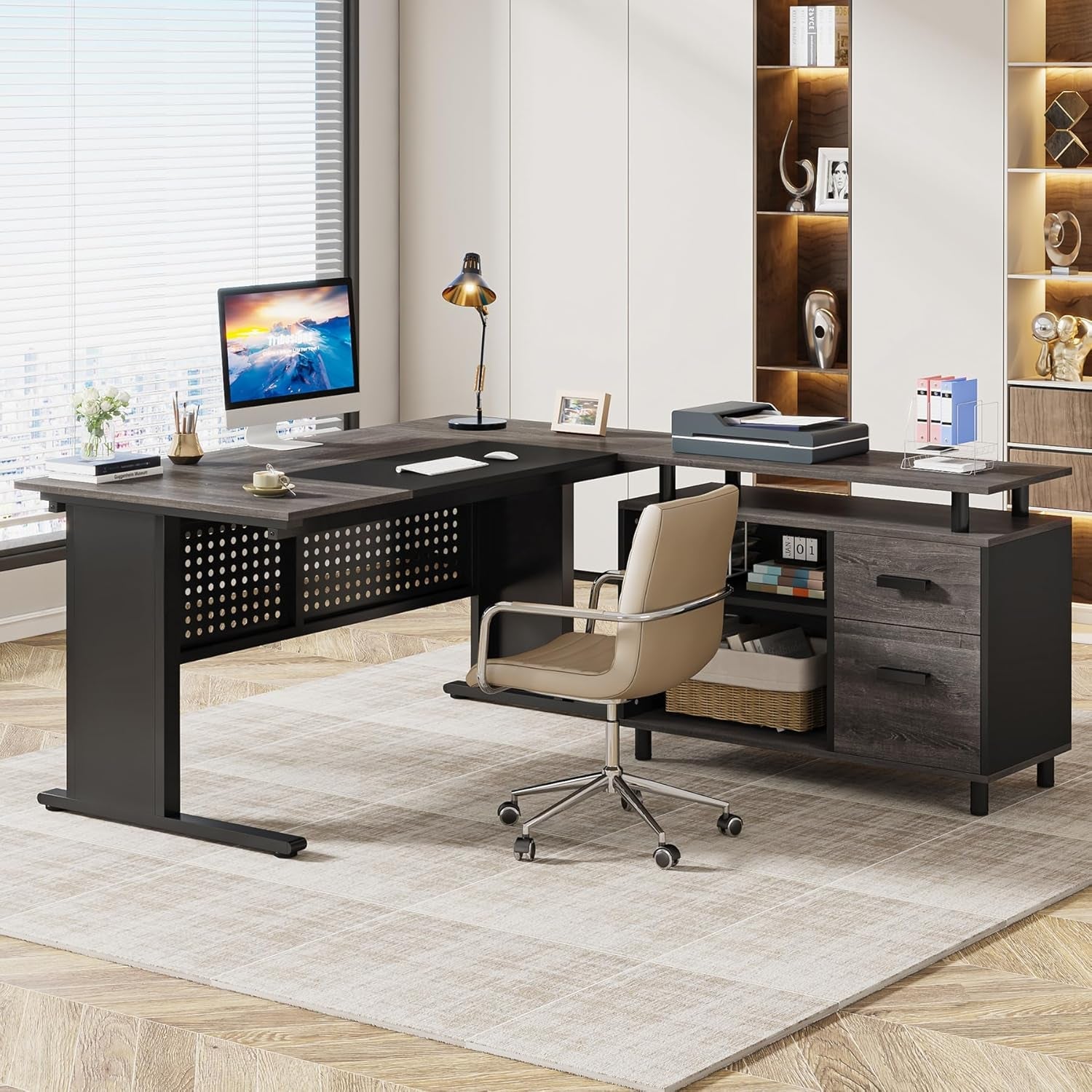 63 Inch Executive Desk With Integrated Cabinet Gray