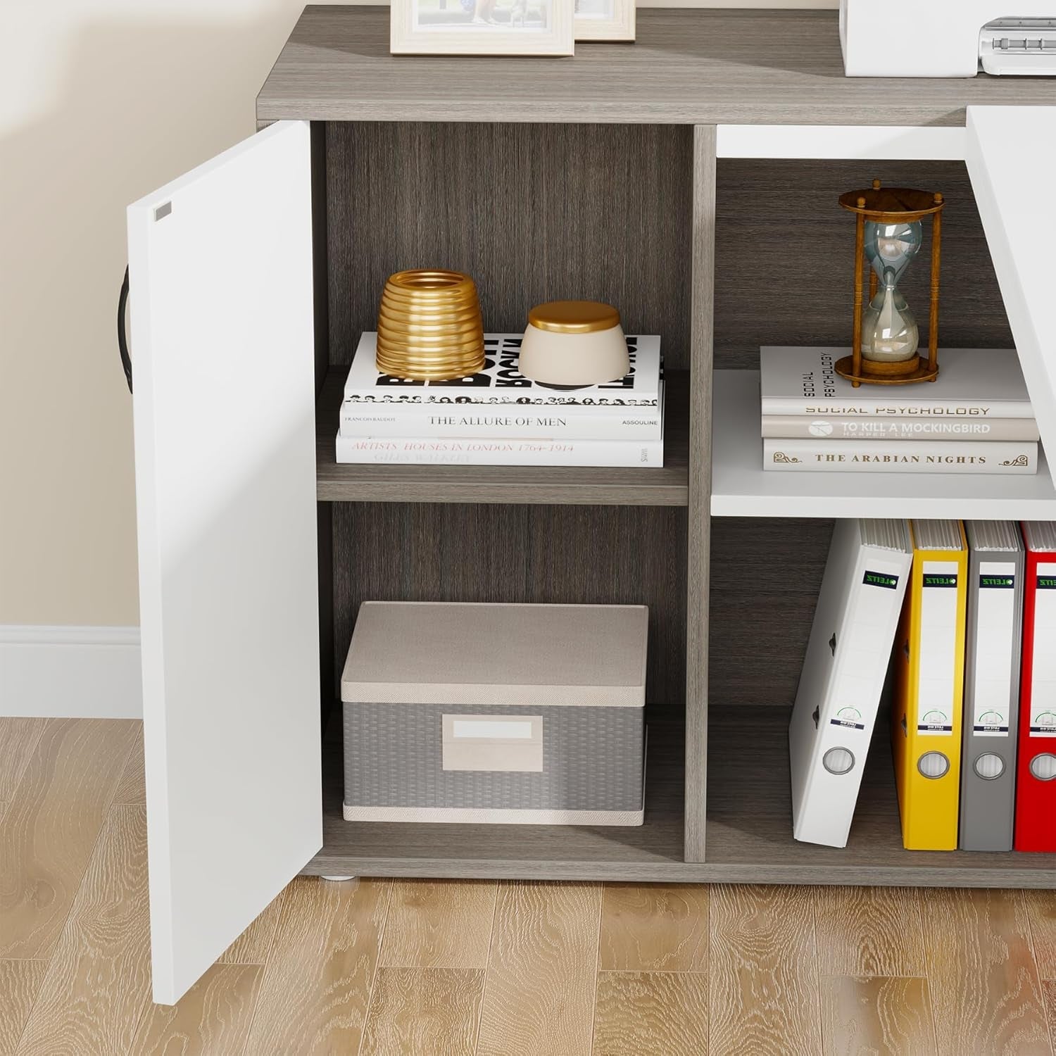 71 Inch Executive L Shaped Desk Cabinets Gray And White