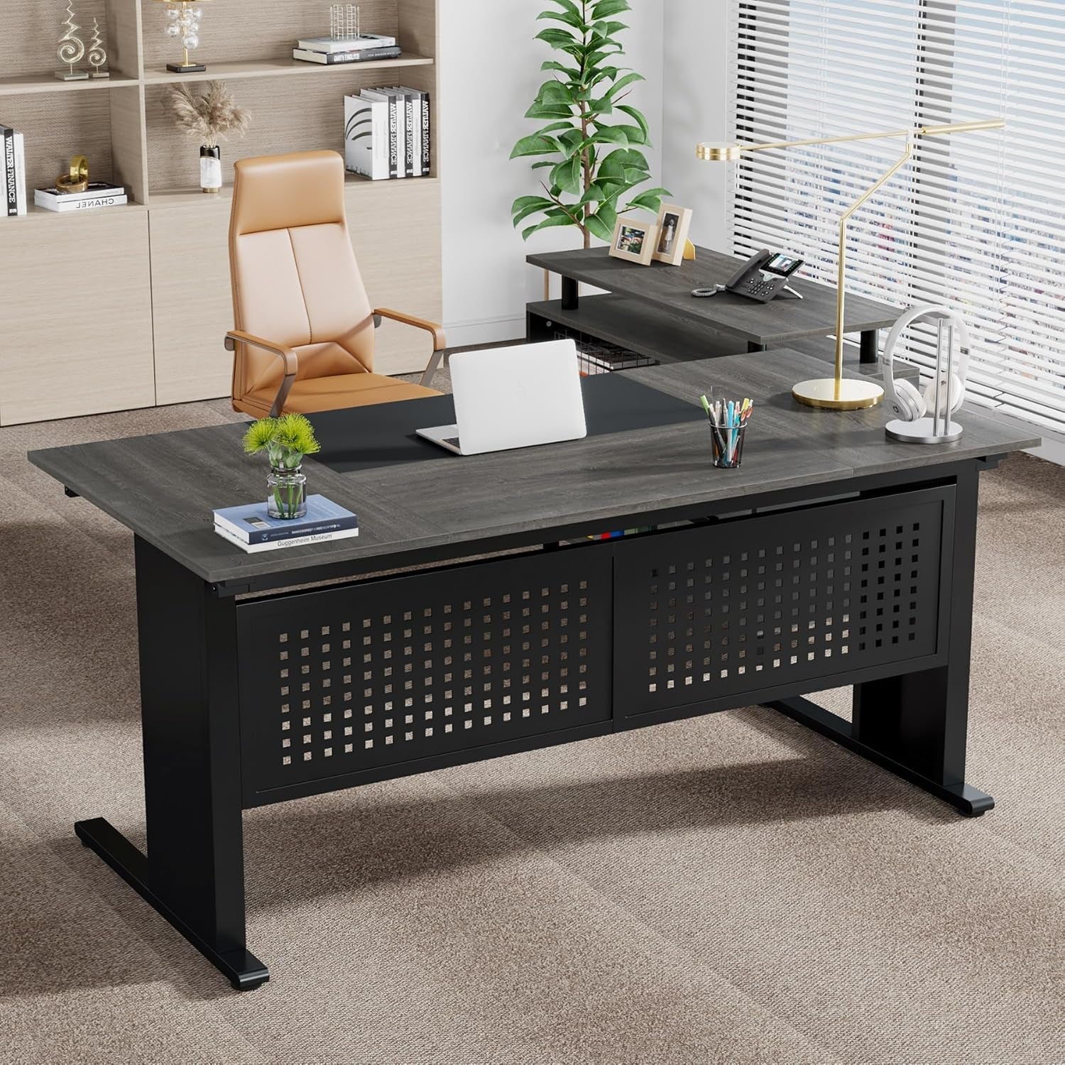 63 Inch Executive Desk With Integrated Cabinet Gray