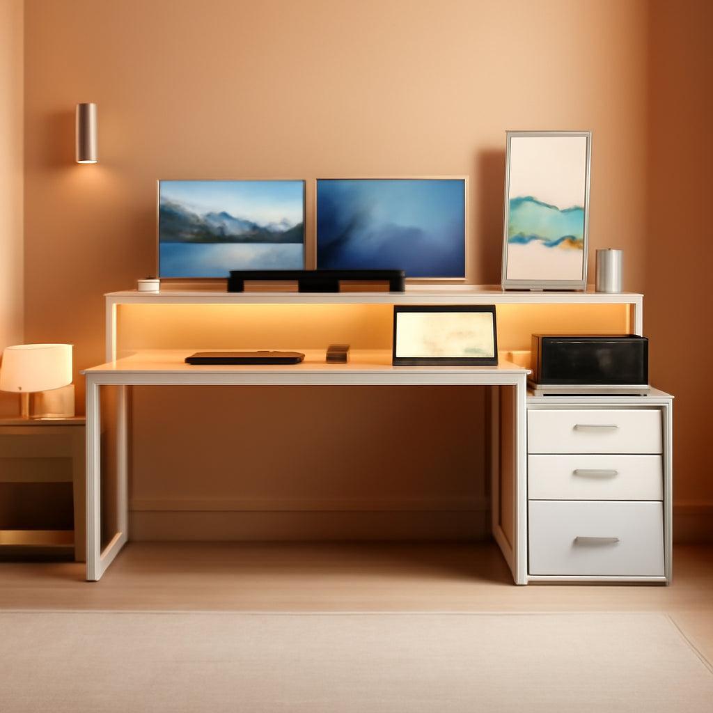 67 nch White Walnut Computer Desk With LED Lighting