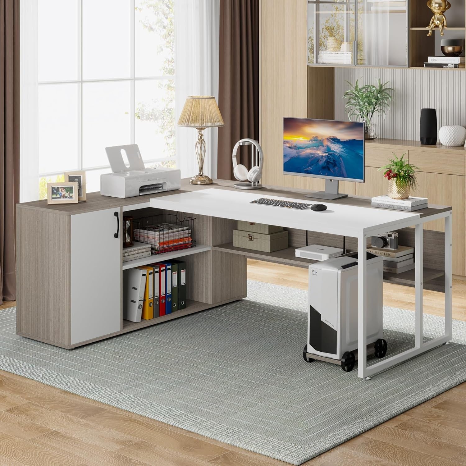 71 Inch Executive L Shaped Desk Cabinets Gray And White