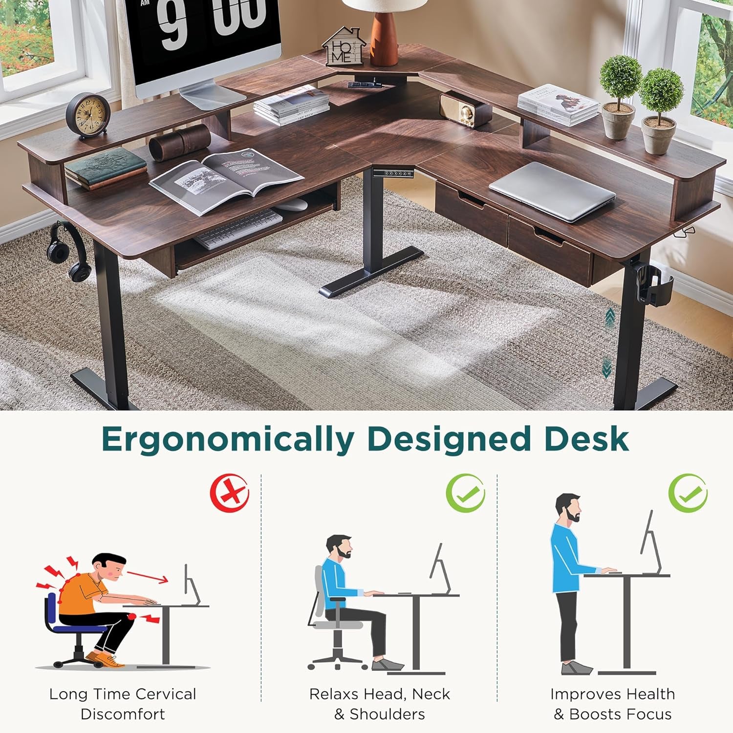 60 Inch Elevated Electric Standing Desk Dark Walnut
