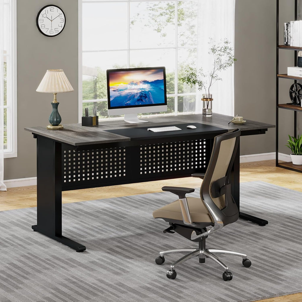 63 Inch Executive Desk With Integrated Cabinet Gray