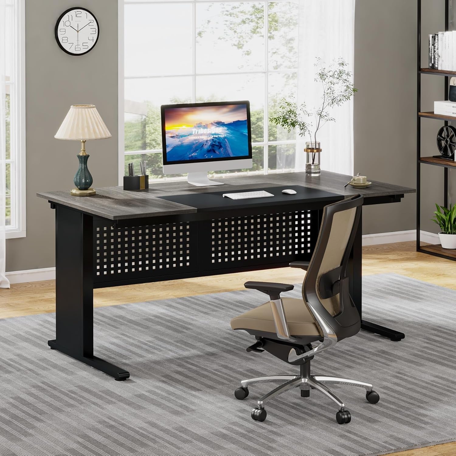 63 Inch Executive Desk With Integrated Cabinet Gray
